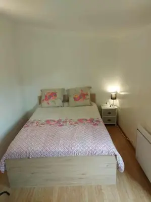 a bedroom with a bed with a purple bedspread at studio au calme wifi 600m centre ville parking privé in Castres