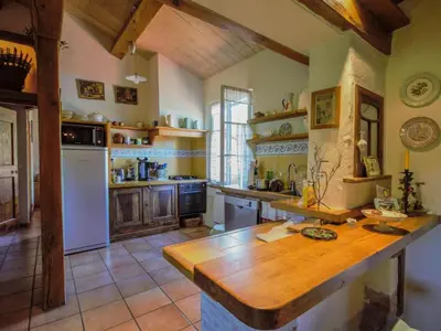 a large kitchen with a wooden counter top at Gite des Kathares in Montferrier