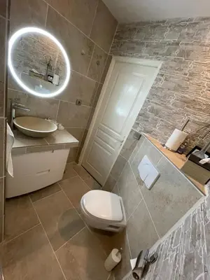 a bathroom with a toilet and a sink and a mirror at Marie Jean Chambre d'hôtes & Gîte in Oupia