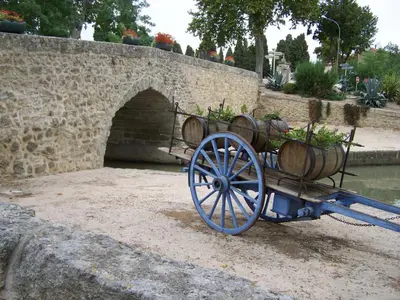 a wagon with plants on it next to a stone bridge at La Sorga de Vida in Quarante
