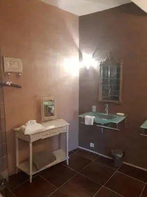 a bathroom with a sink and a mirror at La Sorga de Vida in Quarante