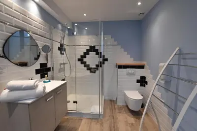 a bathroom with a shower and a toilet and a sink at Europe Hôtel in Castres