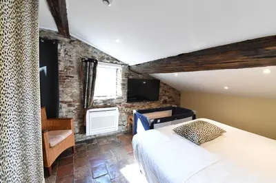 a bedroom with a bed and a tv in a room at Europe Hôtel in Castres