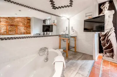 a bathroom with a tub and a tv and a tub at Europe Hôtel in Castres