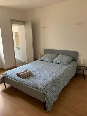 a bedroom with a bed with a towel on it at Ravissant Appartement T3 hypercentre de Mazamet in Mazamet