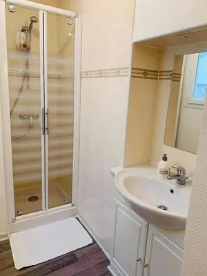a white bathroom with a shower and a sink at Ravissant Appartement T3 hypercentre de Mazamet in Mazamet