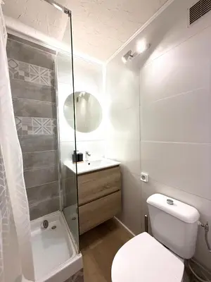 a bathroom with a shower and a toilet and a sink at Studio Plage du Grazel in Gruissan