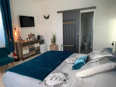 a bedroom with a bed with blue sheets and a television at La Liberté in Narbonne