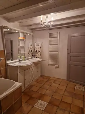 a bathroom with two sinks and a large mirror at Charmante petite grange - 5 Couchages in Nalzen
