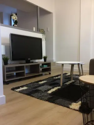 a living room with a television and a table at Le Montréalais in Montréal