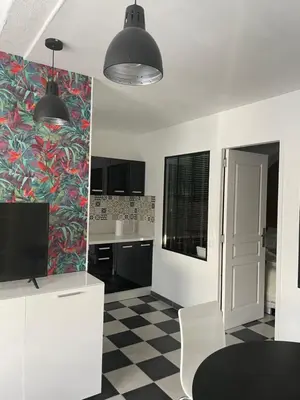 a kitchen with a table and a tv in a room at Gîte-appart privé du Domaine Spa piscine sauna in Lescout