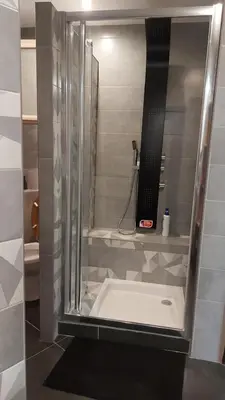 a shower with a glass door in a bathroom at T2 tout confort, parking gratuit, vue lac et nature in Revel