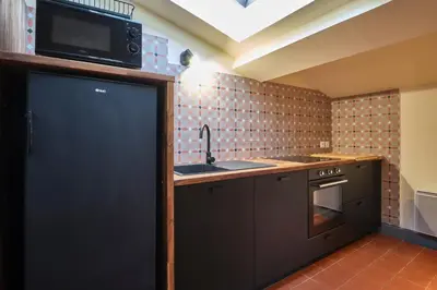 a small kitchen with a sink and a microwave at AUTOUR DU CHATEAU in Carcassonne