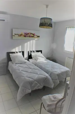 two beds sitting next to each other in a bedroom at Chez Carole et Michel en Minervois in Rieux-Minervois