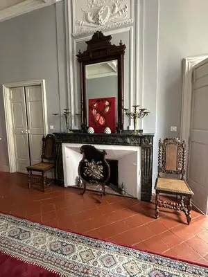 a room with two chairs and a fireplace with a mirror at GITE Le Logis Barbès in Carcassonne