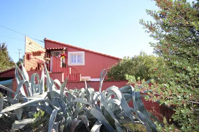 a plant in front of a red house at Gîte les Lauriers des orgues d'Ille - la Sybille in Ille-sur-Têt