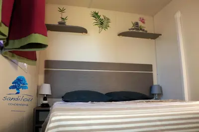 a bedroom with a bed with plants on the wall at Mobilhome Côté mer - 3 Chambres - Climatisé - TV in Sigean