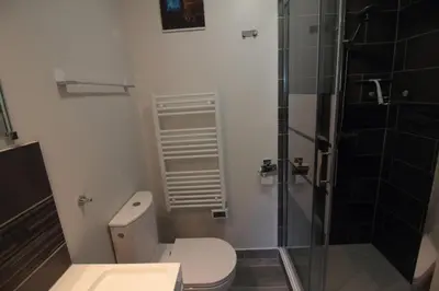 a bathroom with a toilet and a glass shower at La Maison Barthélemy: Voie Verte et piscine in Bellegarde-du-Razès