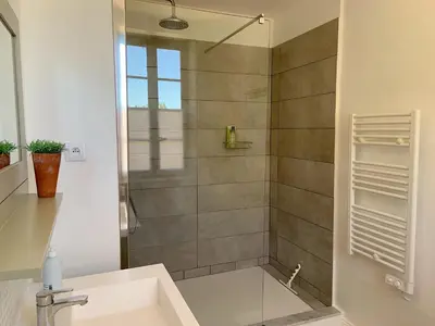 a bathroom with a shower with a sink at La Souqueto in Mirepeisset
