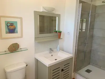 a bathroom with a sink and a shower at La Souqueto in Mirepeisset