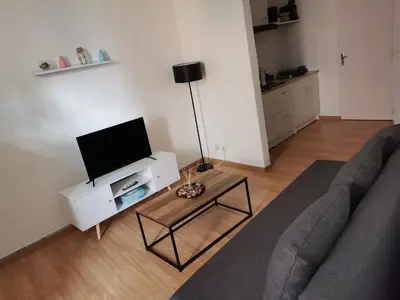 a living room with a couch and a tv at Studio au cœur du quartier historique in Narbonne