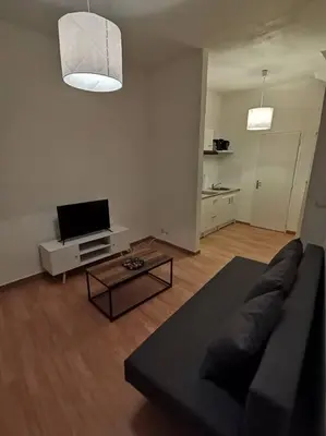 a living room with a black couch and a tv at Studio au cœur du quartier historique in Narbonne