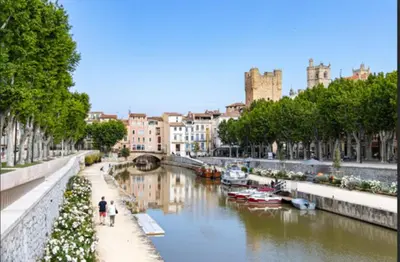 a group of people walking along a river with boats at Le Belfort 1 Studio lumineux quartier historique les halles in Narbonne