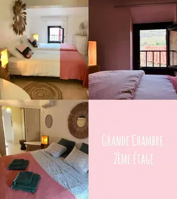 a collage of three pictures of a hotel room at Jolie maison village 4 couchages &Terrasse à Fitou in Fitou