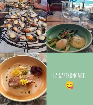 a collage of pictures of food and a plate of food at Jolie maison village 4 couchages &Terrasse à Fitou in Fitou