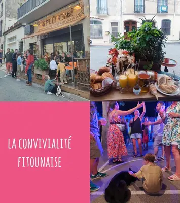 a collage of photos with people in front of a store at Jolie maison village 4 couchages &Terrasse à Fitou in Fitou