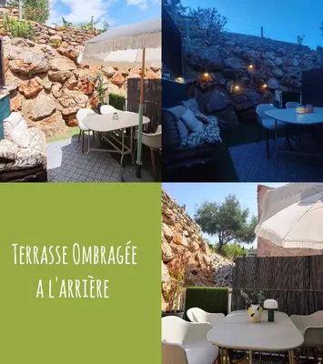 a collage of three pictures of a table and chairs at Jolie maison village 4 couchages &Terrasse à Fitou in Fitou