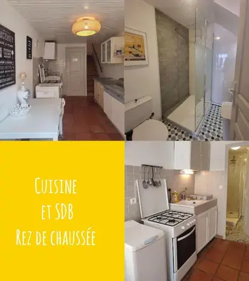 a collage of three pictures of a kitchen at Jolie maison village 4 couchages &Terrasse à Fitou in Fitou