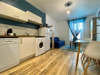 a kitchen with a washer and dryer in a room at Zen appart - 35m2 à Carcassonne in Carcassonne