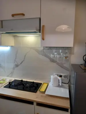 a kitchen with a stove and a counter top at L'OCCITANE appartement climatisé centre ville in Limoux