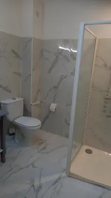 a bathroom with a toilet and a glass shower at L'OCCITANE appartement climatisé centre ville in Limoux