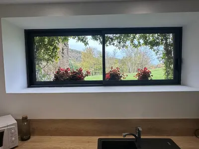a window in a kitchen with flowers in a window sill at Gîte La Glycine in Dun