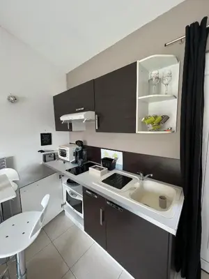 a small kitchen with a sink and a microwave at Studio RIQUET indépendant attenant à Villa in Capestang