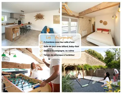 a collage of photos of a house with a foosball table at Maison de campagne 6 pers salle de jeux & pétanque in Cuq
