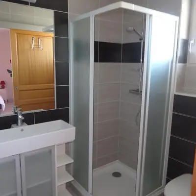 a bathroom with a shower with a glass door at L'oustal des Fontanilles in Castelnaudary