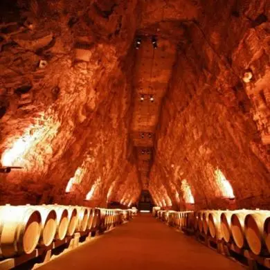 a wine cellar with rows of wine barrels at bel appart T2 confortable en plein coeur de Sigean in Sigean
