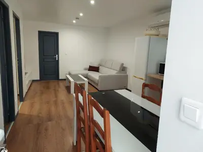 a living room with a couch and a table at bel appart T2 confortable en plein coeur de Sigean in Sigean