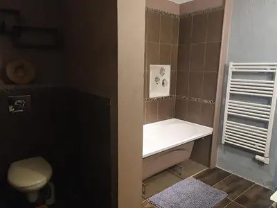 a small bathroom with a toilet and a sink at Très belle maison chaleureuse au coeur de Mirepoix in Mirepoix