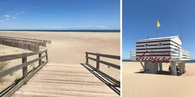 a boardwalk on the beach next to a beach house at Idéal couple avec vue sur le PORT DE GRUISSAN 4CHE24 in Gruissan