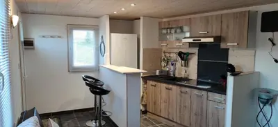 a kitchen with a white refrigerator and wooden cabinets at La maisonnette du jardin Narbonne in Narbonne