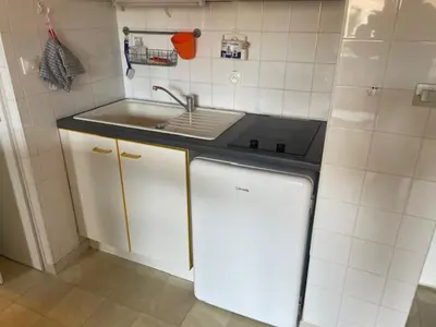 a small kitchen with a sink and a stove at Appartement GRUISSAN Plage du Grazel in Gruissan