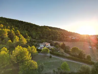 an aerial view of a house with a patio at NOUS in Agel