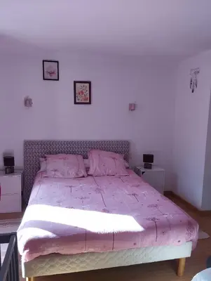 a bedroom with a large bed with a purple comforter at Repos au vert en Ariège in Le Peyrat