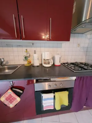 a kitchen with a sink and a stove with towels at Repos au vert en Ariège in Le Peyrat