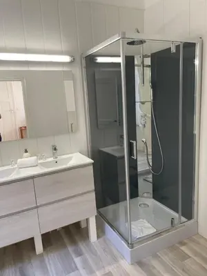a bathroom with a glass shower and a sink at Maison du Cloitre Couvent des Carmes in Narbonne