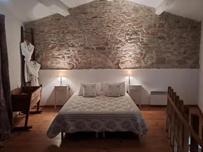 a bedroom with a bed and a stone wall at La maisonnette avec SPA, PISCINE et CLIMATISATION in Sainte-Vallière